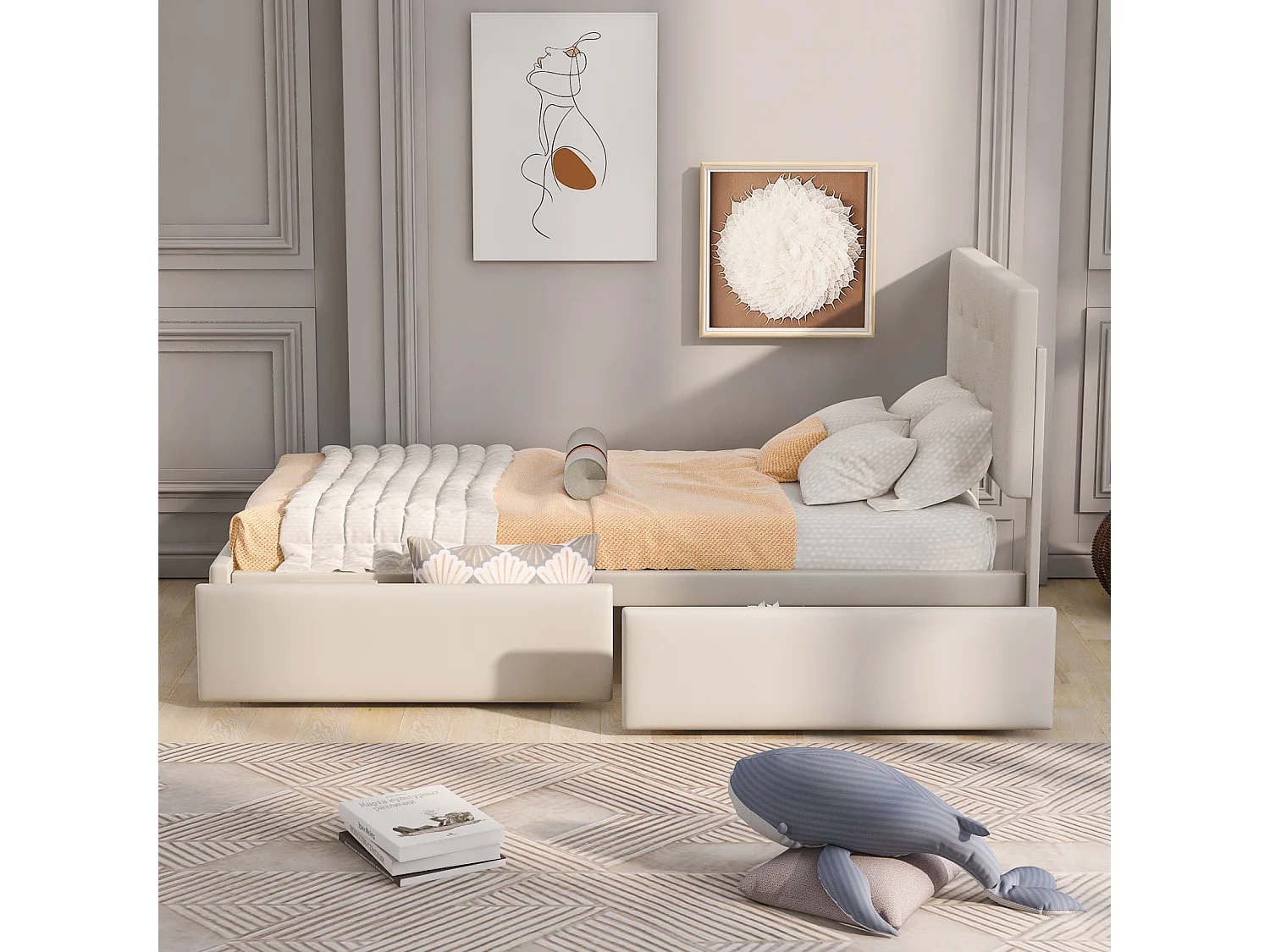 Lit capitonne 90 x 200 cm - avec 2 tiroirs, sommier à lattes et tête de lit relevable, tissu velours, style scandinave - Beige
