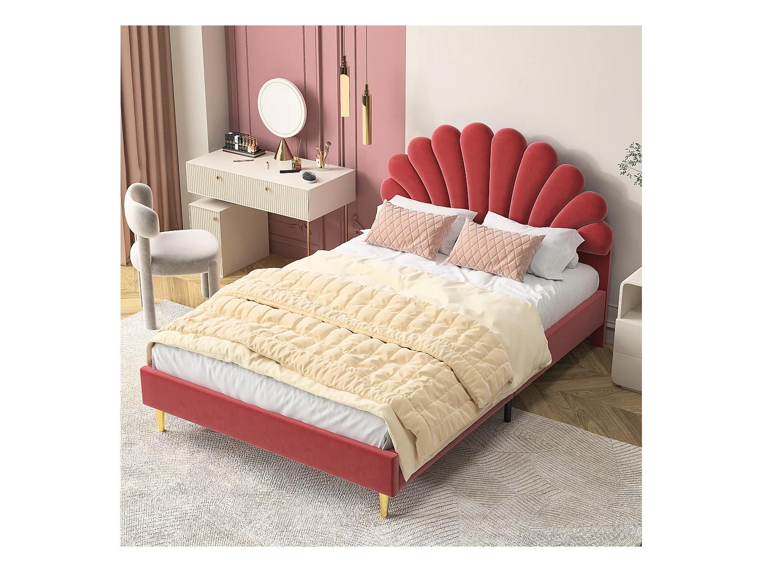 Samtgepolstertes Doppelbett – 140 x 200 cm – blumenförmiges Kopfteil – mit Lattenrost – Rot