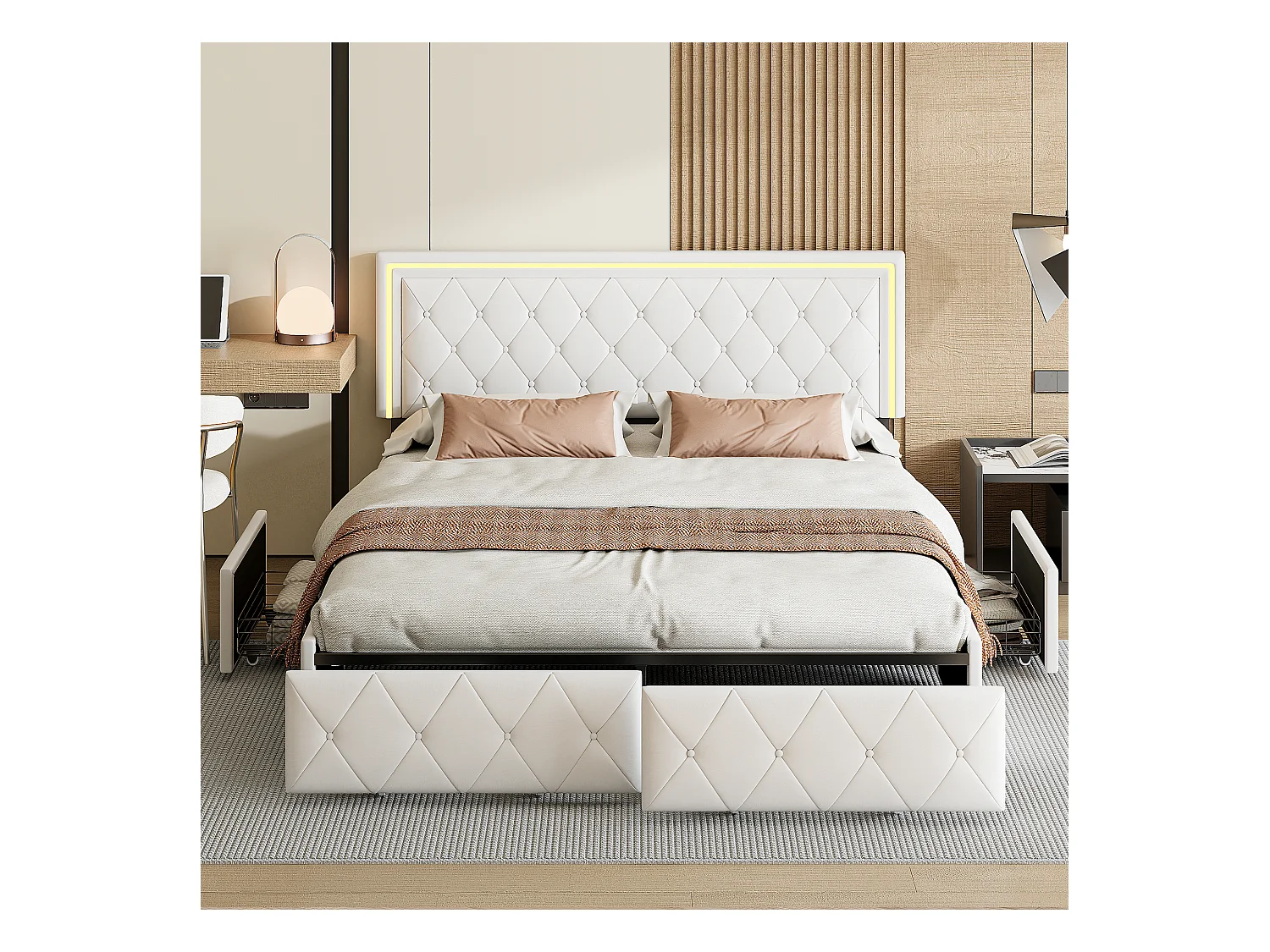 Tweepersoonsbed 140x200cm met LED en 4 lades - kunstlederen stof - met lattenbodem - Beige