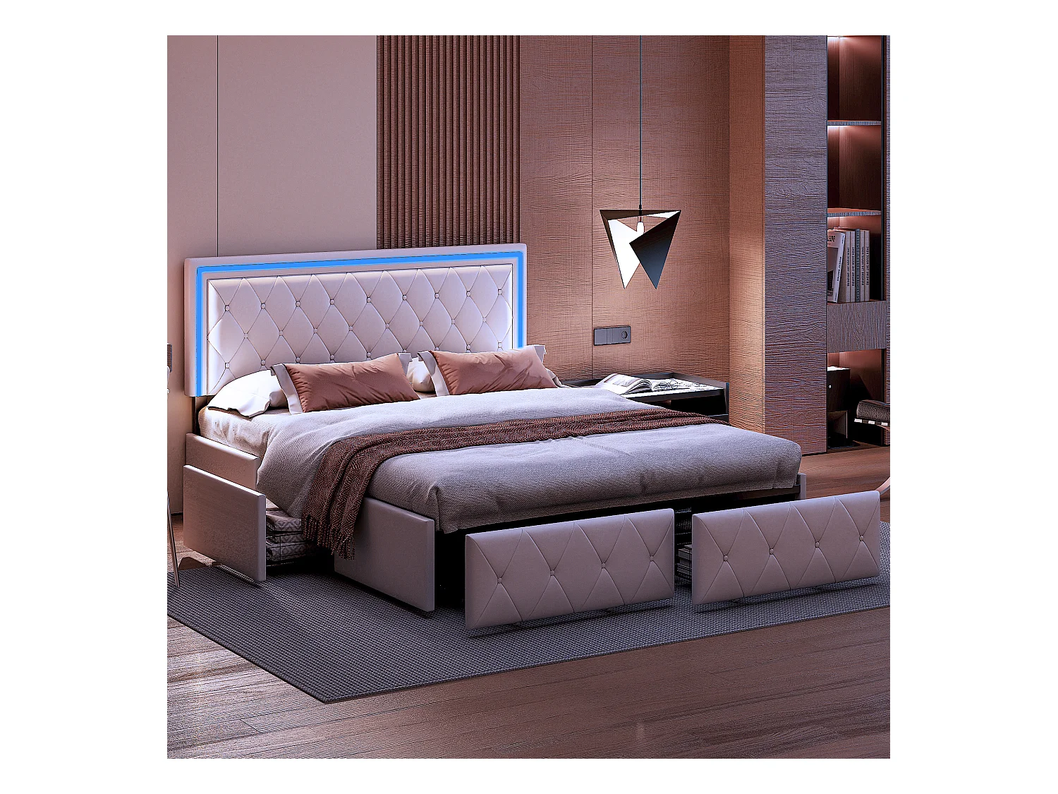 Tweepersoonsbed 140x200cm met LED en 4 lades - kunstlederen stof - met lattenbodem - Beige