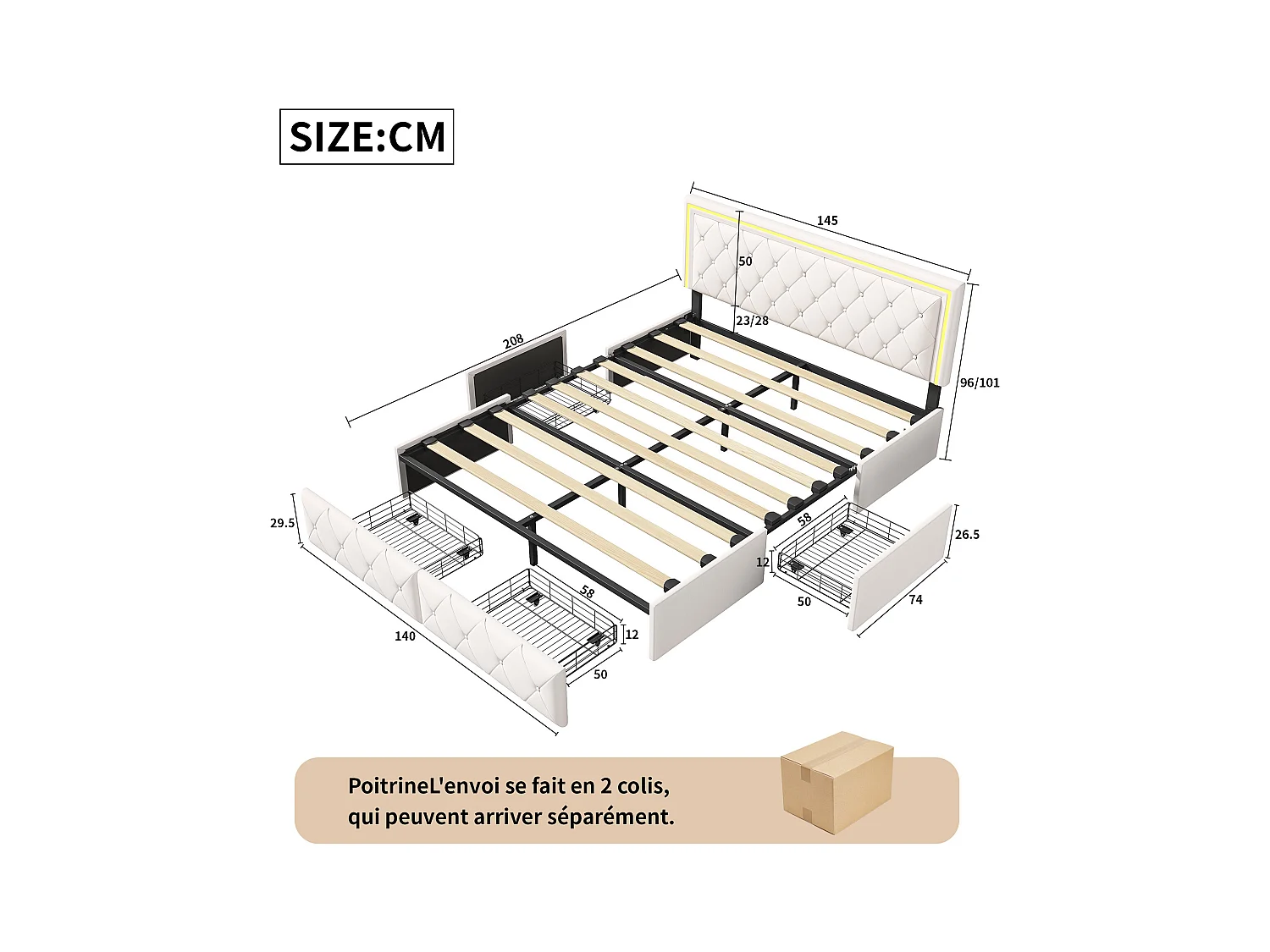 Tweepersoonsbed 140x200cm met LED en 4 lades - kunstlederen stof - met lattenbodem - Beige