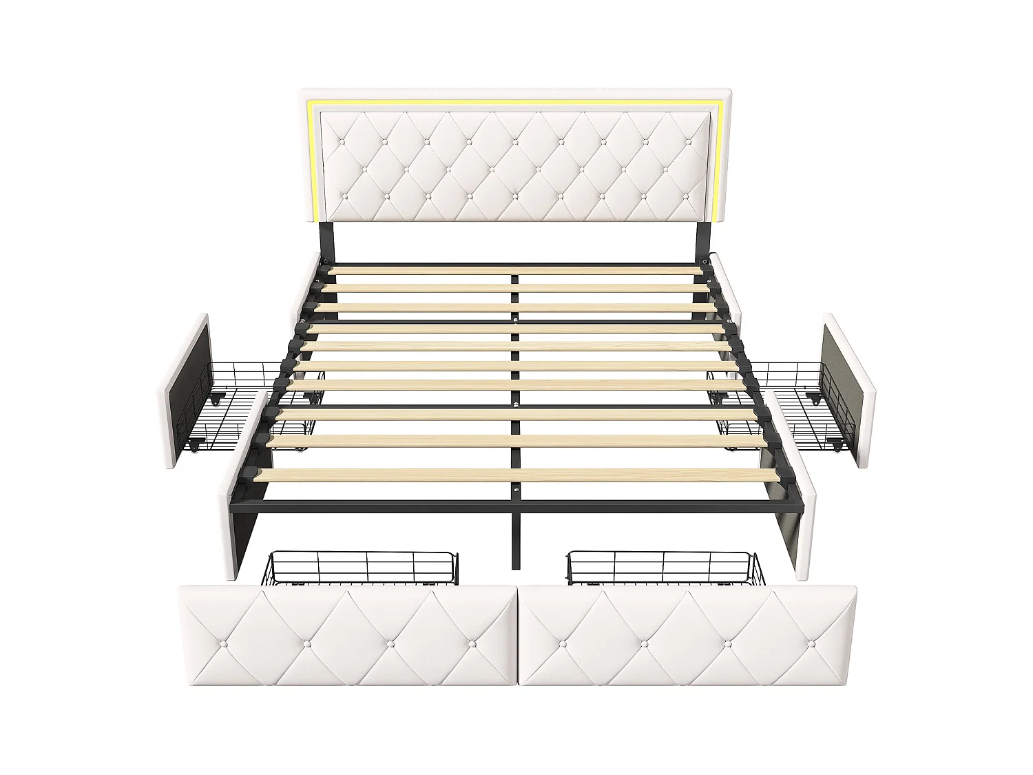 Tweepersoonsbed 140x200cm met LED en 4 lades - kunstlederen stof - met lattenbodem - Beige