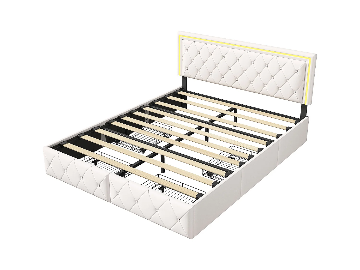 Tweepersoonsbed 140x200cm met LED en 4 lades - kunstlederen stof - met lattenbodem - Beige