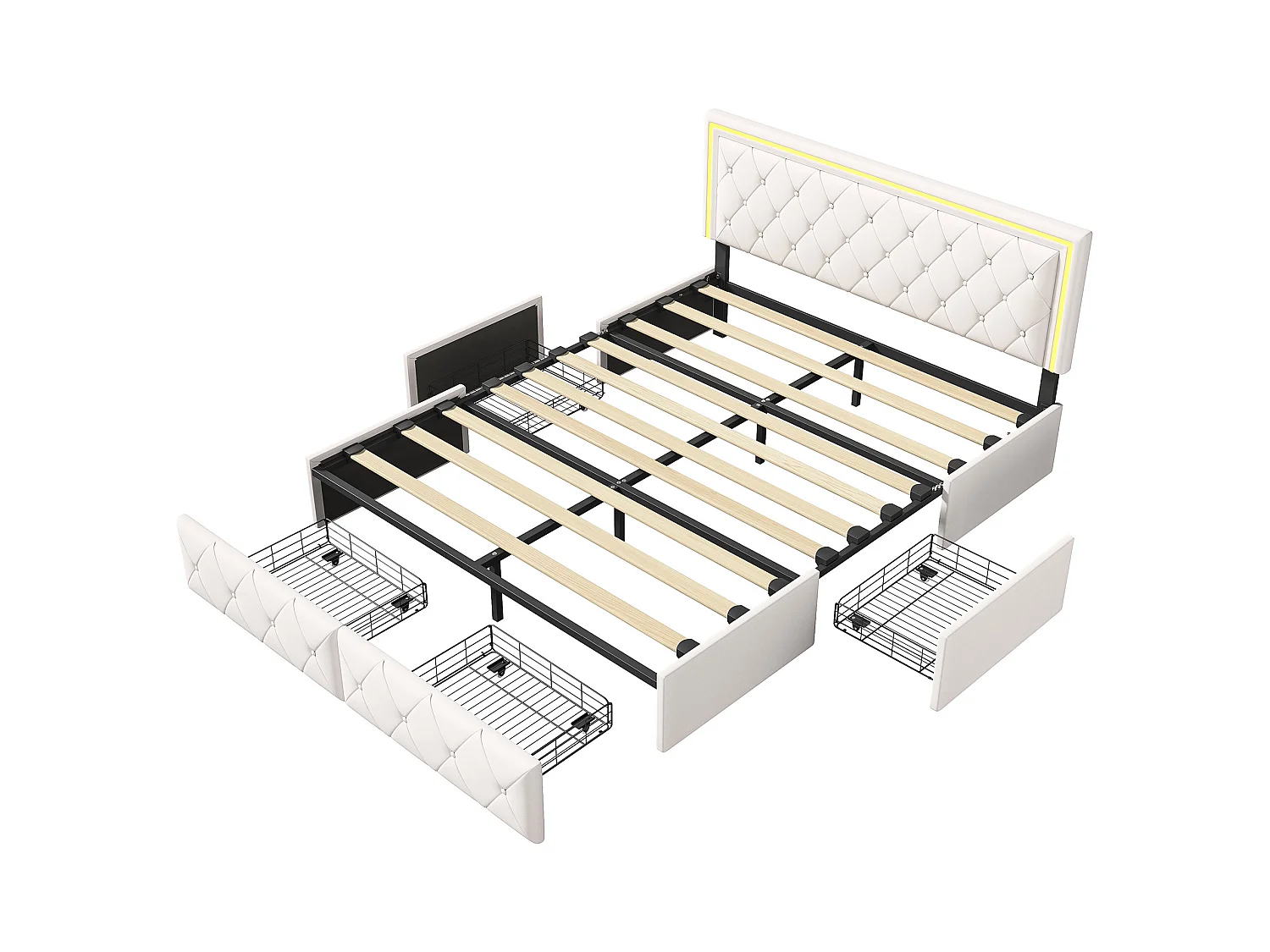 Tweepersoonsbed 140x200cm met LED en 4 lades - kunstlederen stof - met lattenbodem - Beige