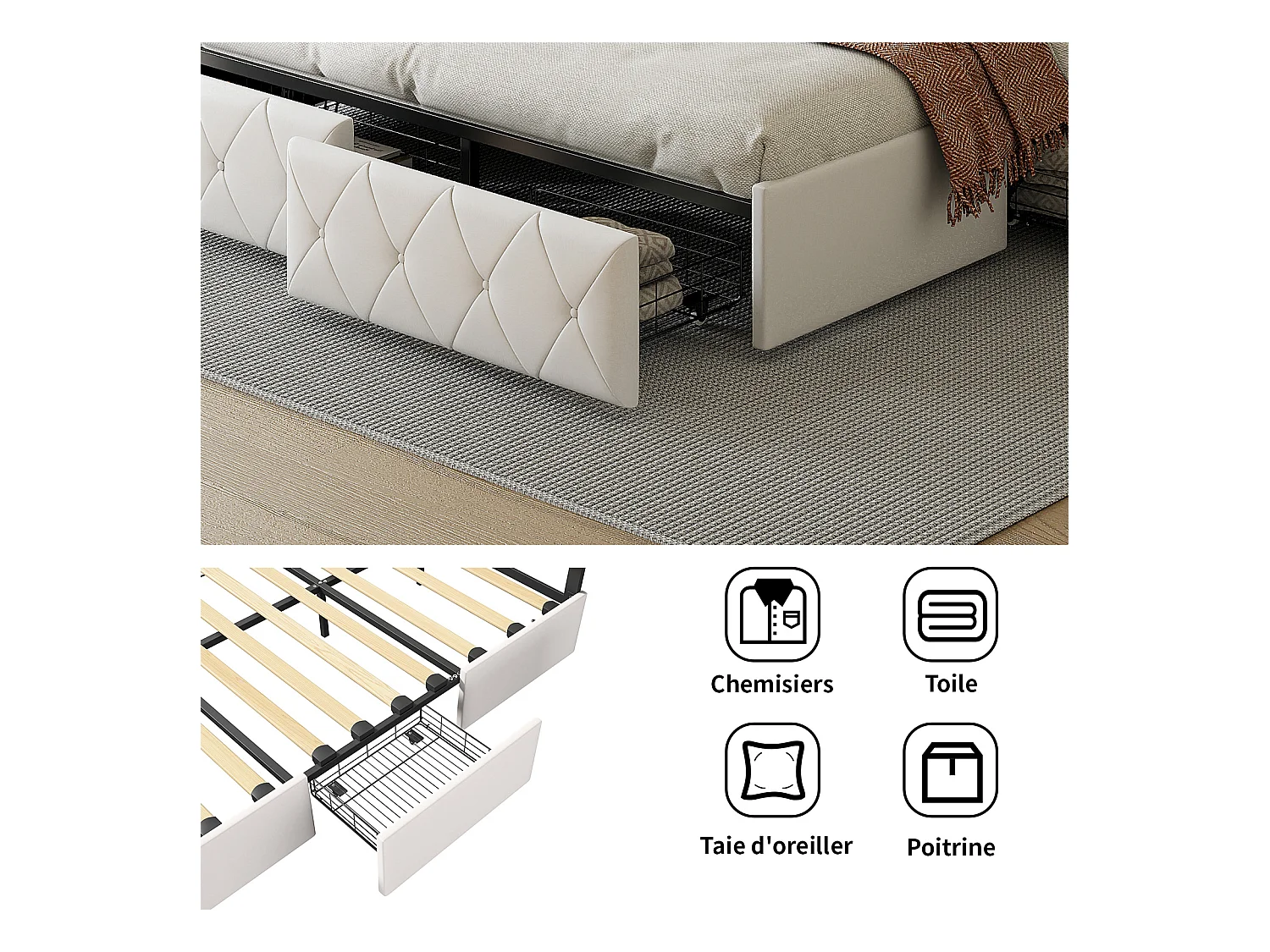 Tweepersoonsbed 140x200cm met LED en 4 lades - kunstlederen stof - met lattenbodem - Beige