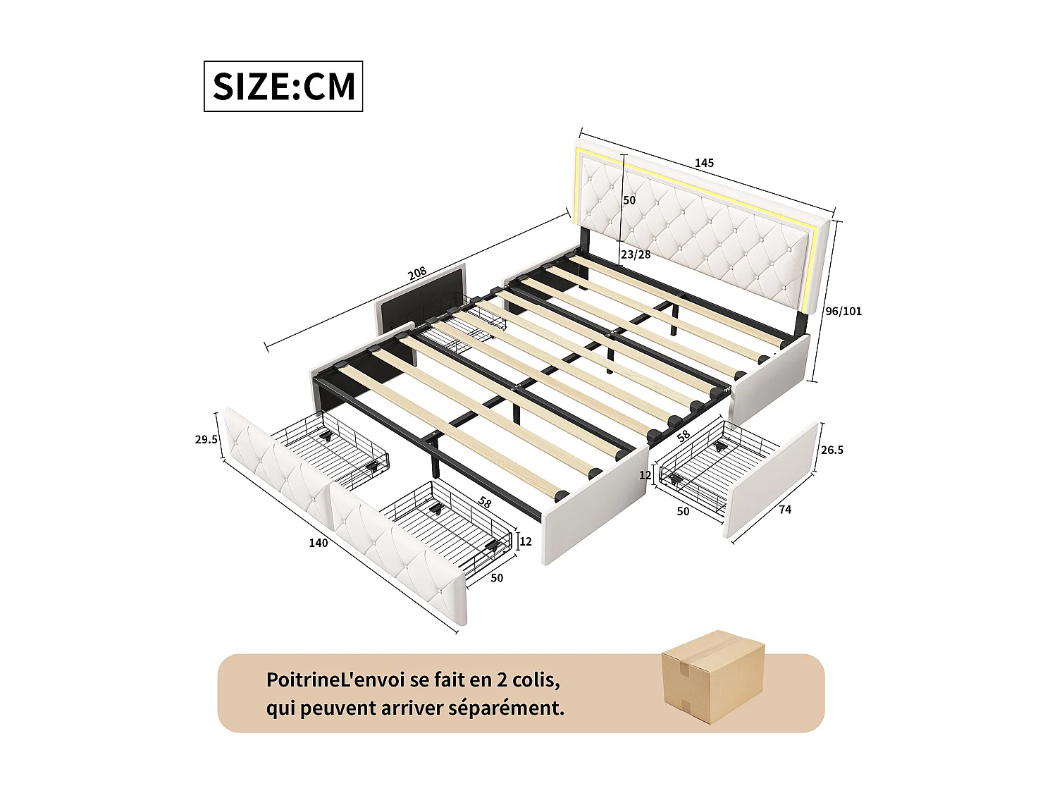 Lit double 140x200cm avec LED et 4 tiroirs - tissu en similicuir - avec sommier à lattes - Beige