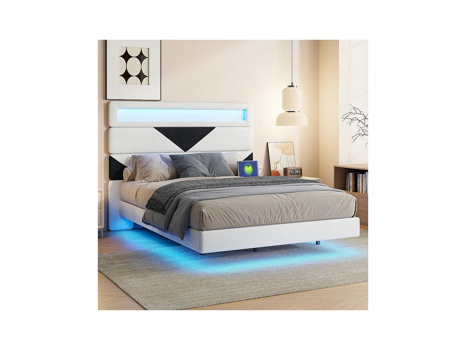Bett 160x200 cm, MDF, mit USB und LED-Beleuchtung, Bettrahmen, Schwebebett mit Dreieckkopfteil, - Weiß