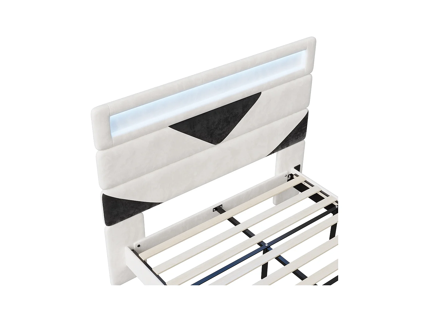 Bett 160x200 cm, MDF, mit USB und LED-Beleuchtung, Bettrahmen, Schwebebett mit Dreieckkopfteil, - Weiß