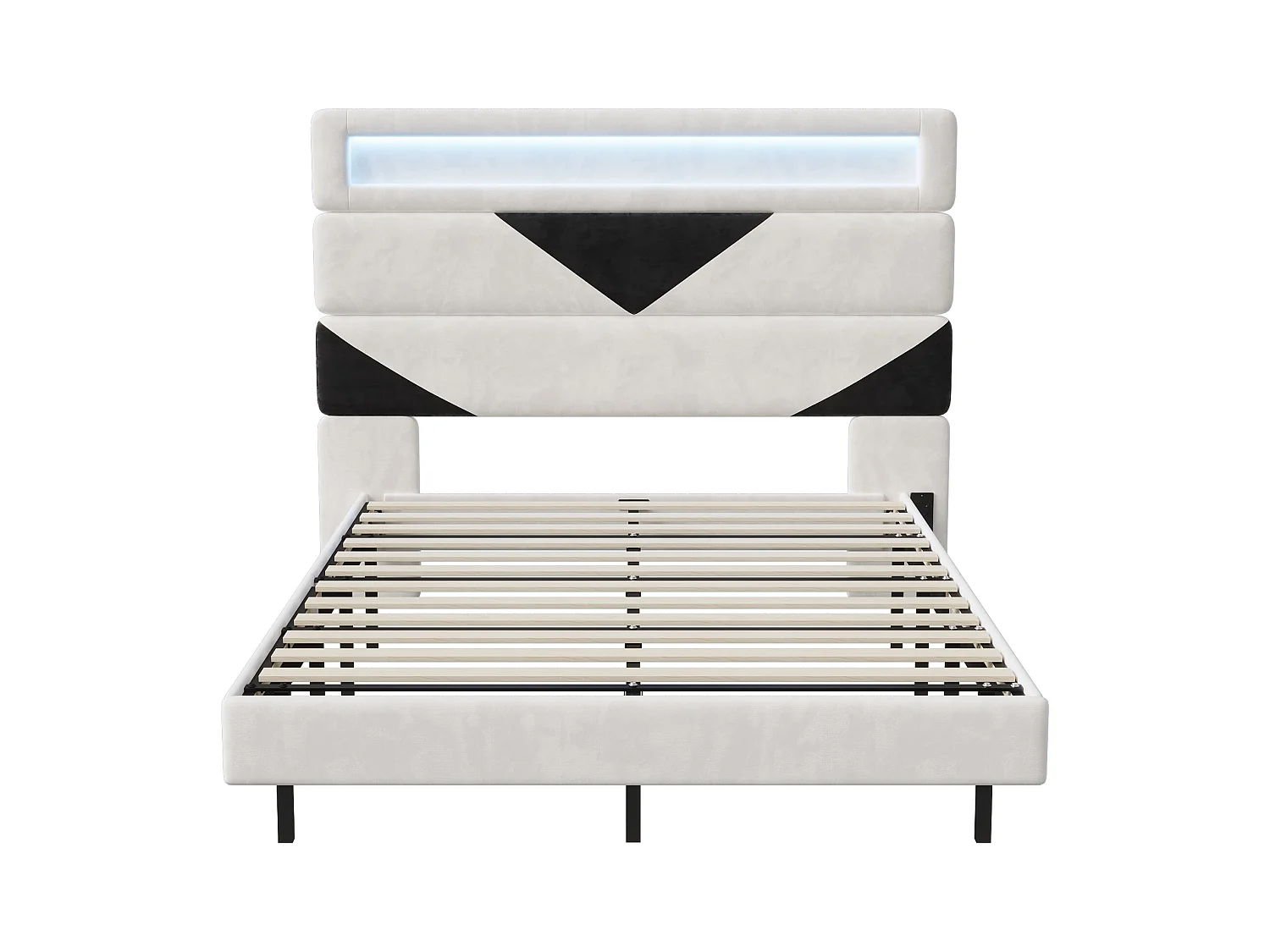 Bett 160x200 cm, MDF, mit USB und LED-Beleuchtung, Bettrahmen, Schwebebett mit Dreieckkopfteil, - Weiß