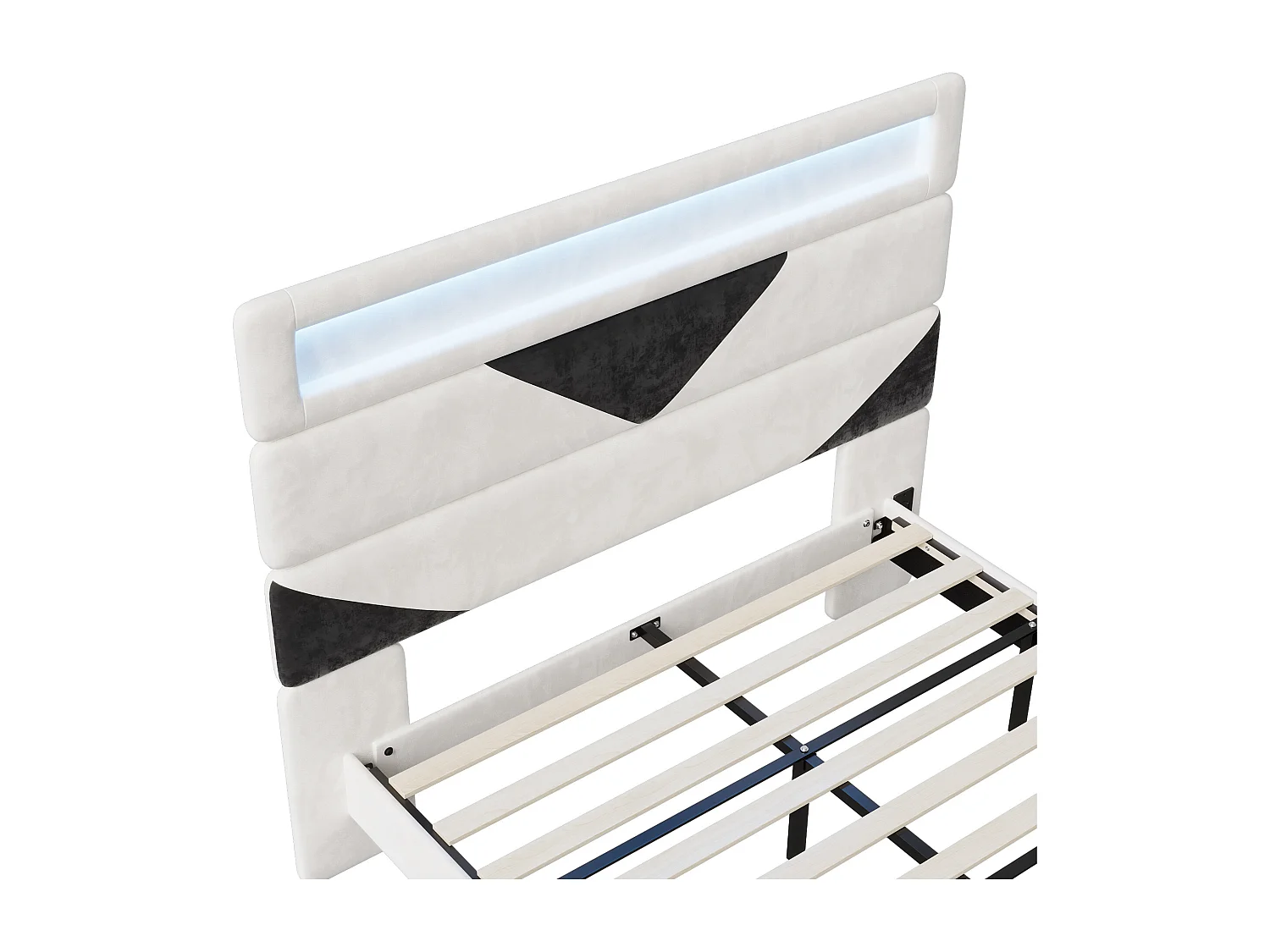 Bed 160x200 cm, MDF, met USB en LED-verlichting, Bedframe, zwevend bed met driehoekig hoofdeinde, - Wit