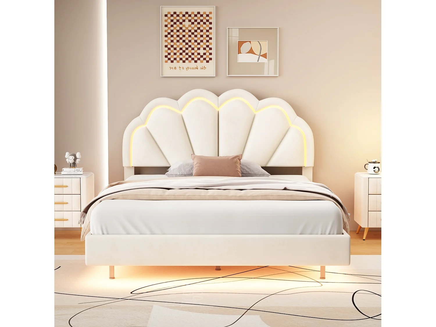 Lit double 140x200cm - Lit LED en velours avec sommier à lattes et tête de lit couronne - Matelas non inclus - Blanc