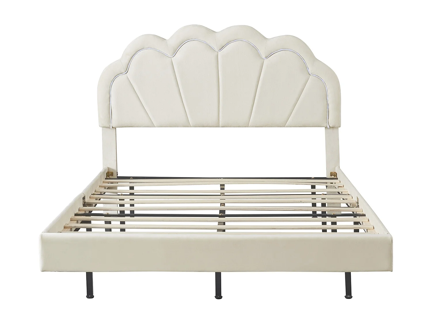 Lit double 140x200cm - Lit LED en velours avec sommier à lattes et tête de lit couronne - Matelas non inclus - Blanc