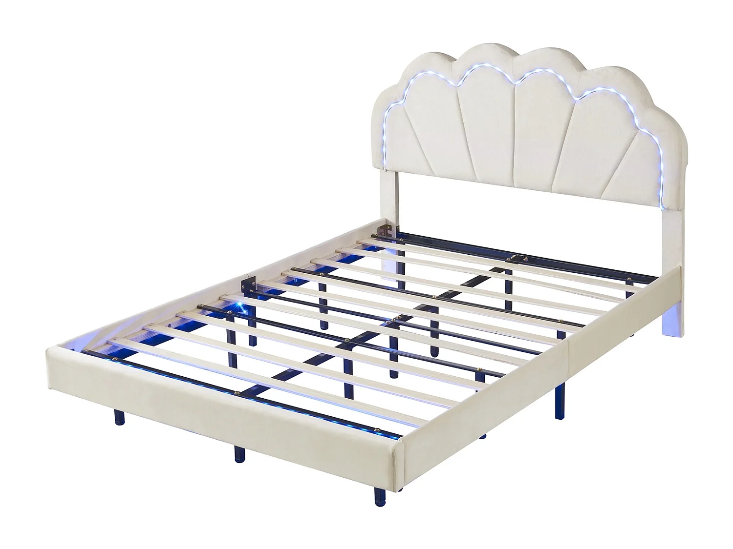 Lit double 140x200cm - Lit LED en velours avec sommier à lattes et tête de lit couronne - Matelas non inclus - Blanc