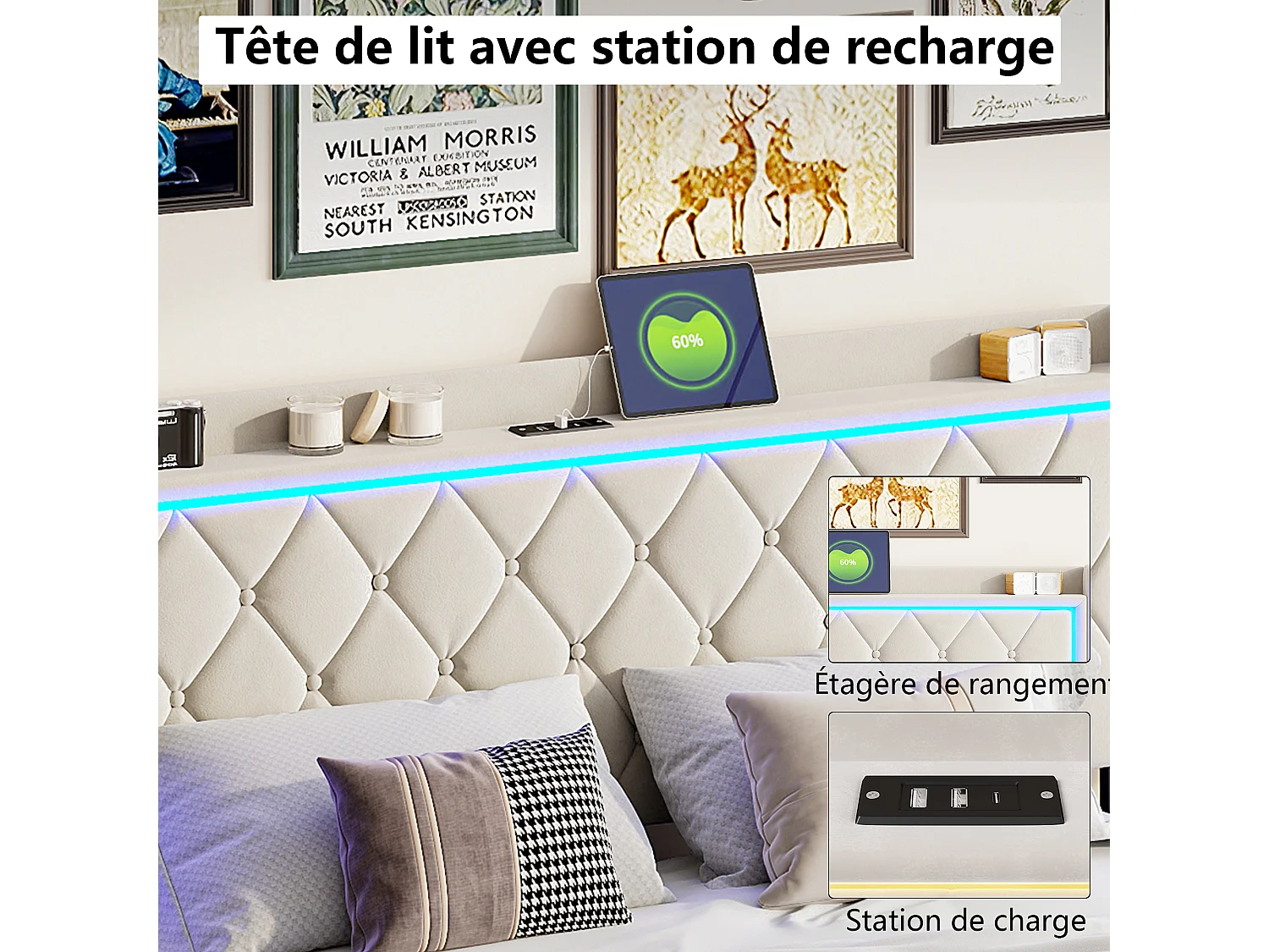 Lit 140x190 cm en Velours Beige avec Tête de Lit LED, Rangement à Gaz, Chargement USB et Type-C
