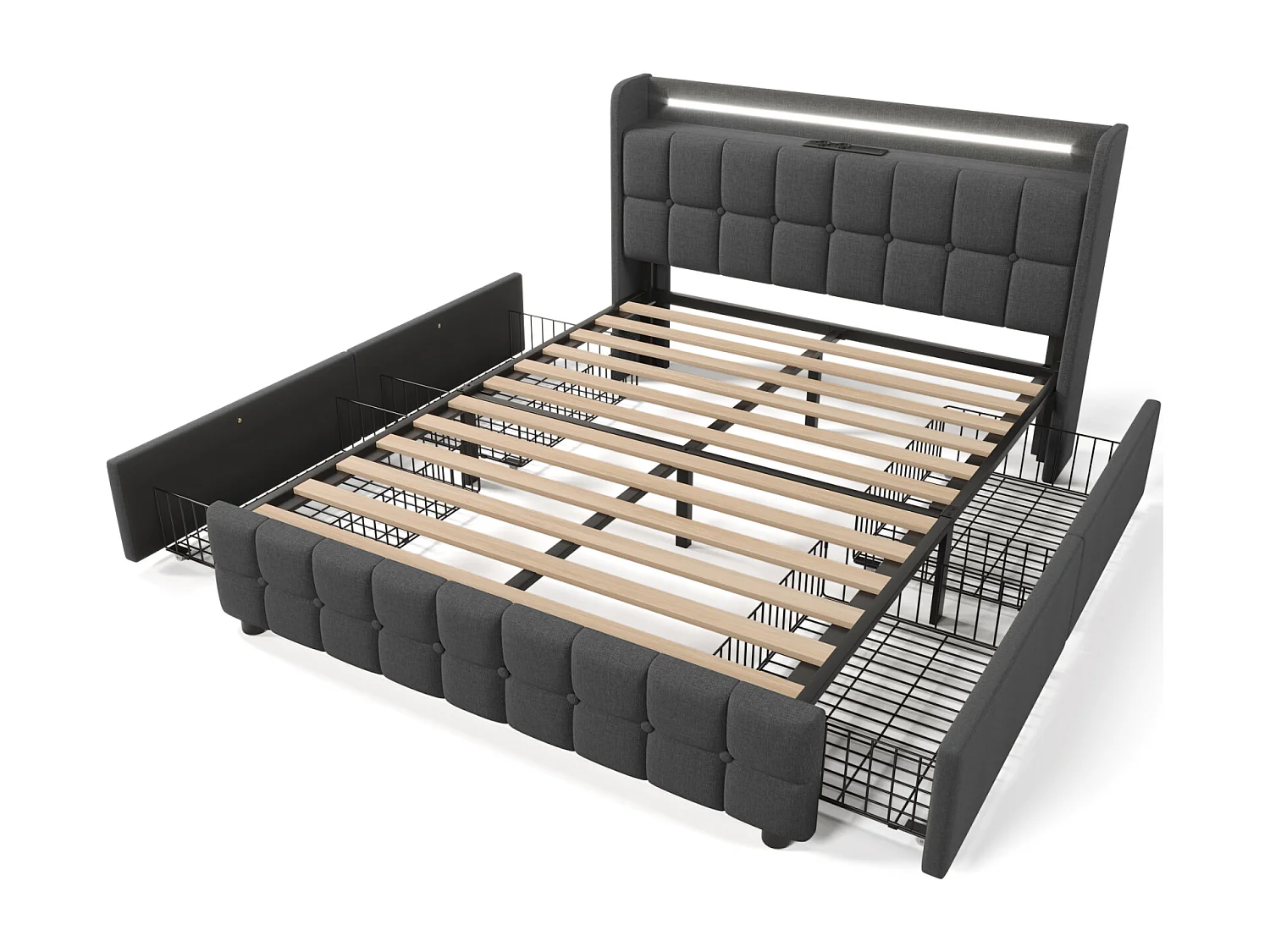 Bed 160x200cm met lades, Gestoffeerd tweepersoonsbed met opbergruimte, LED-verlichting, Grijs