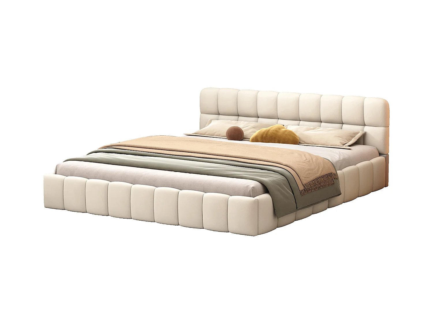 Volwassen bed 140x190cm, tweepersoonsbed in linnen met zachte rugleuning, vlak bed met gewatteerd frame, lattenbodem, hoofdeinde, beige (voorverkoop)