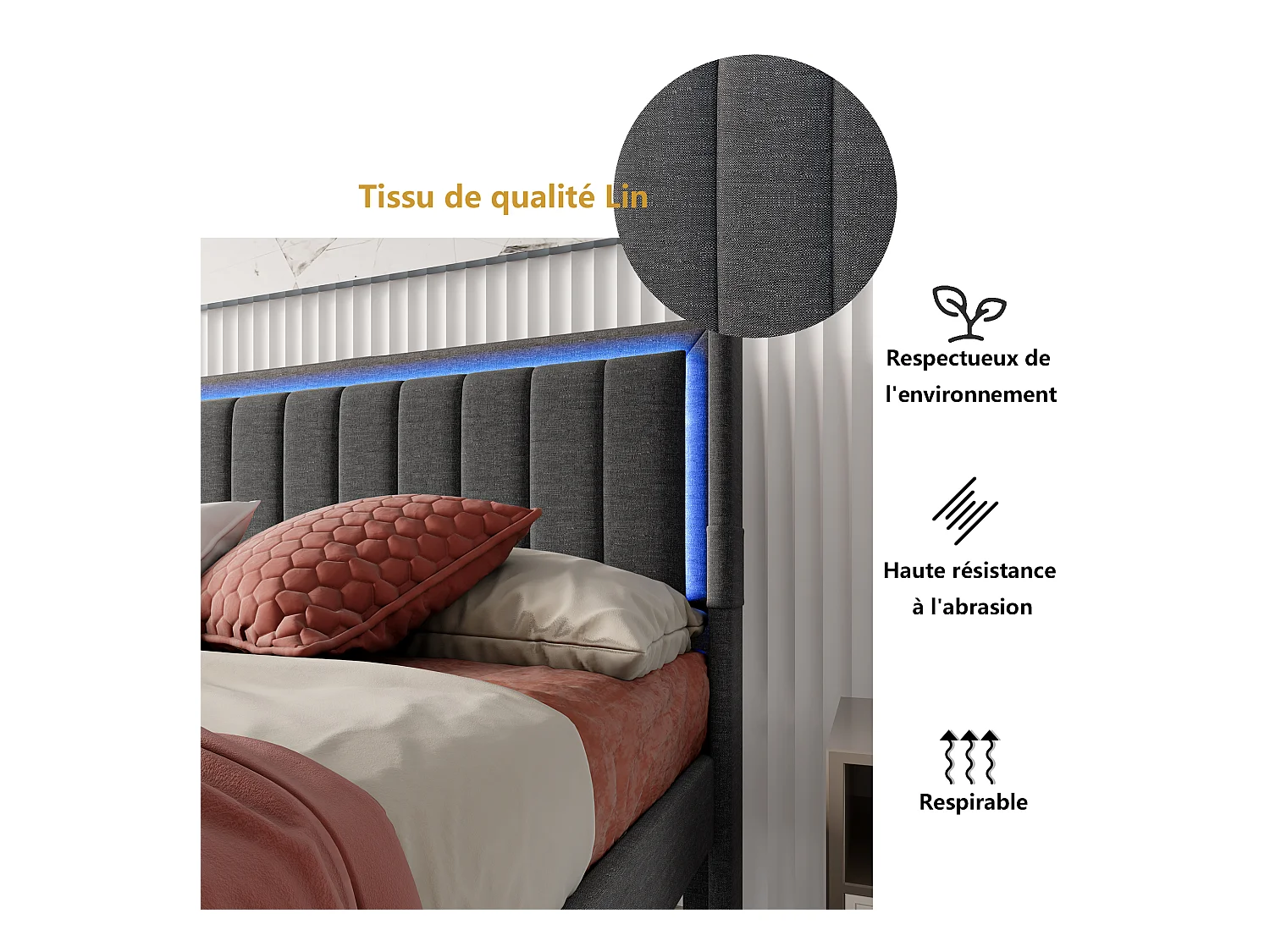 Gepolstertes Doppelbett 180x200cm mit Schublade, LED und USB, grau