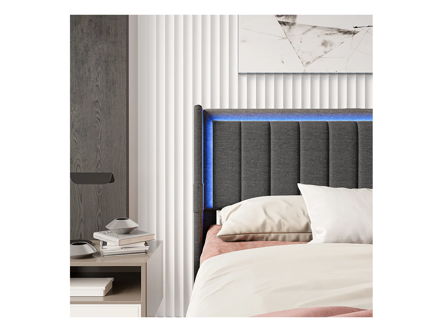 Gepolstertes Doppelbett 180x200cm mit Schublade, LED und USB, grau