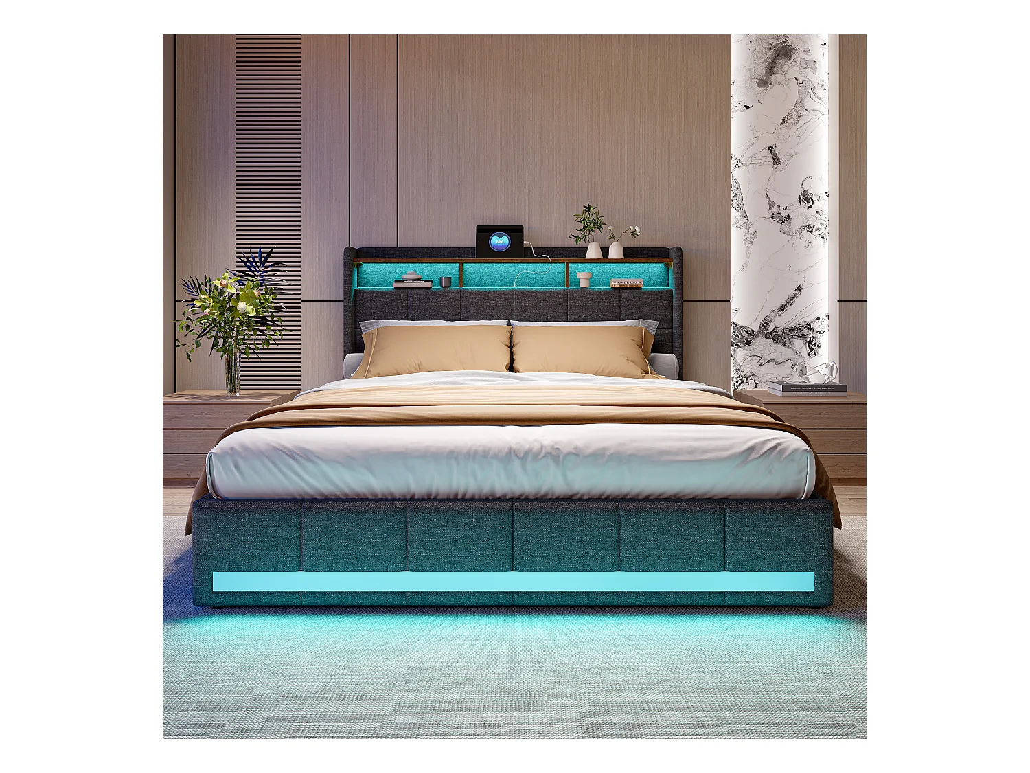 Tweepersoonsbed met RGB LED, hoofdbord met opbergruimte en USB/Type-C-poorten, 4 opberglades, grijze linnen stof – 140x190 cm