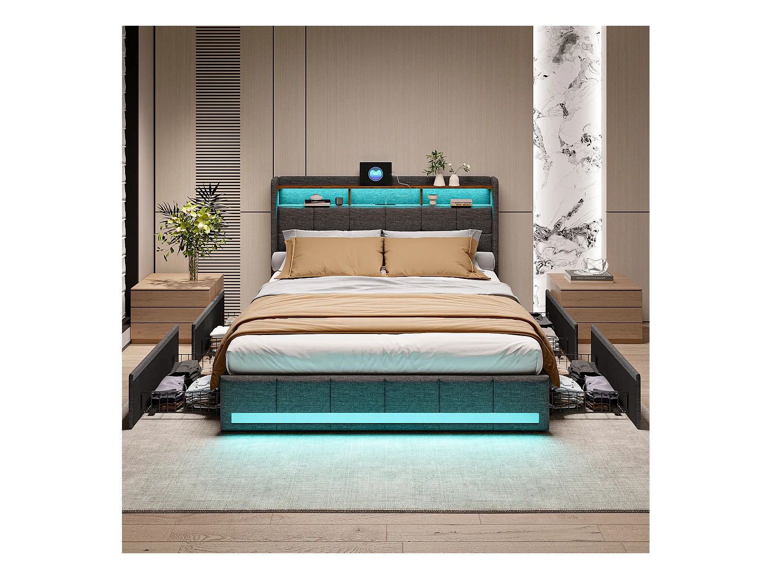 Tweepersoonsbed met RGB LED, hoofdbord met opbergruimte en USB/Type-C-poorten, 4 opberglades, grijze linnen stof – 140x190 cm