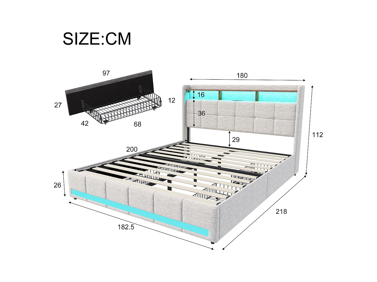 Tweepersoonsbed met RGB LED, hoofdbord met opbergruimte en USB/Type-C-aansluitingen, 4 opberglades, beige linnen stof - 180x200 cm