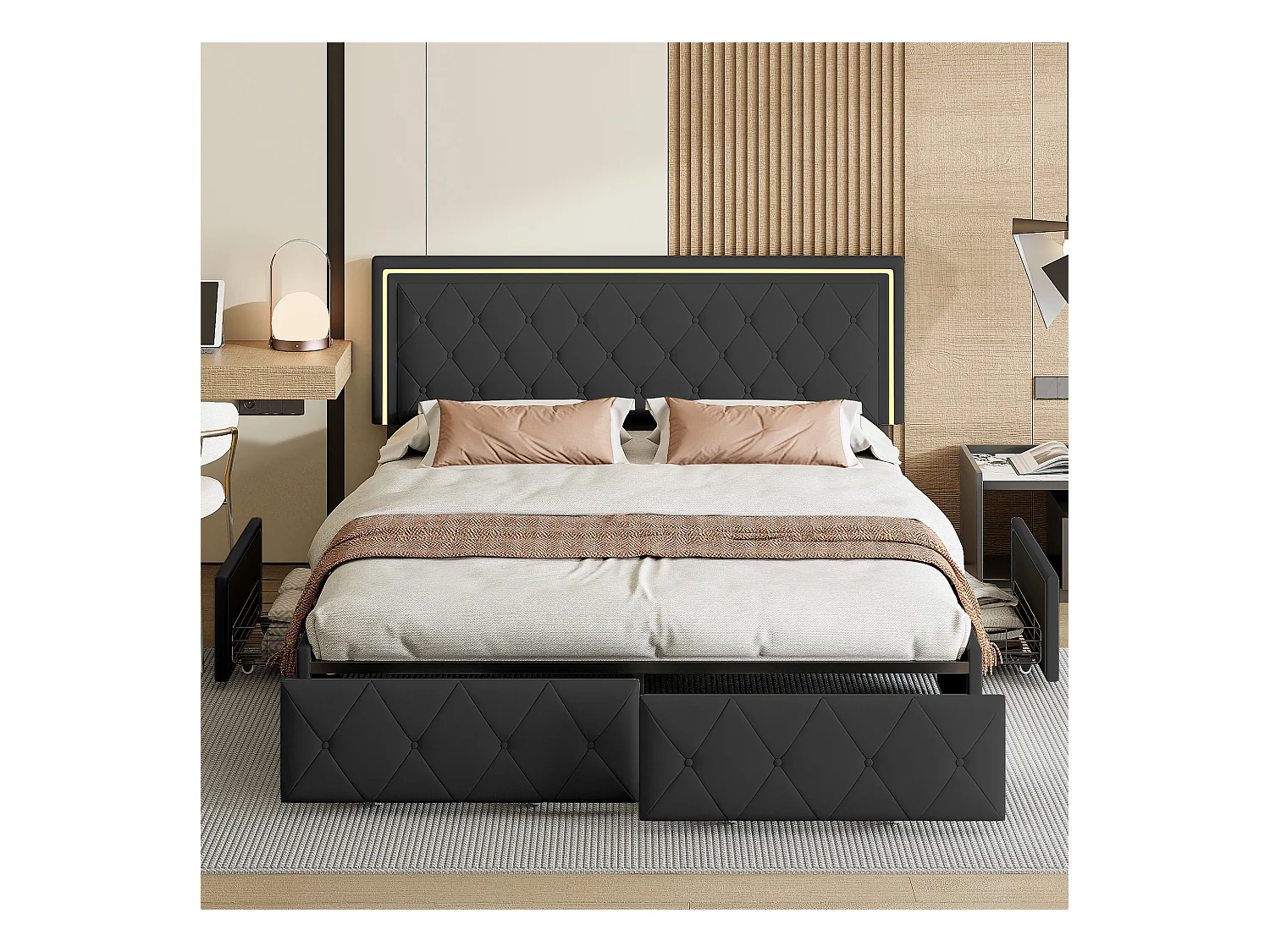 Tweepersoonsbed 140x200cm met LED en 4 lades - kunstlederen stof - met lattenbodem - Grijs