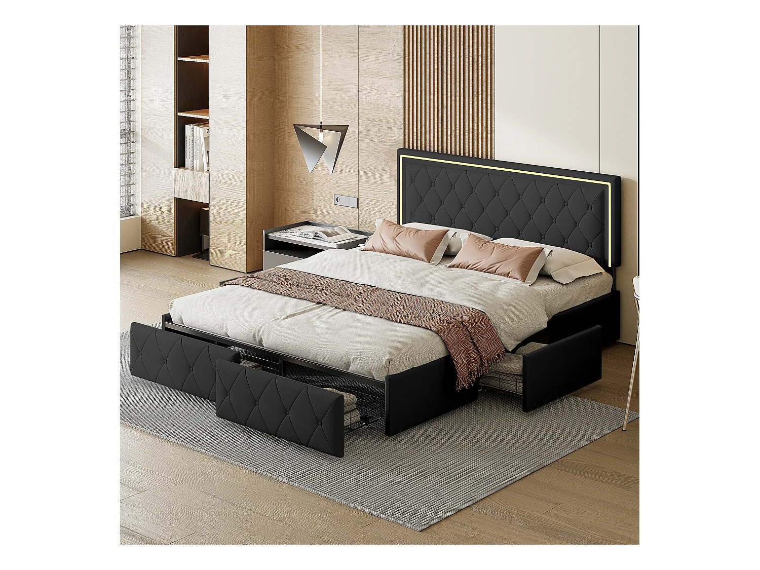 Tweepersoonsbed 140x200cm met LED en 4 lades - kunstlederen stof - met lattenbodem - Grijs