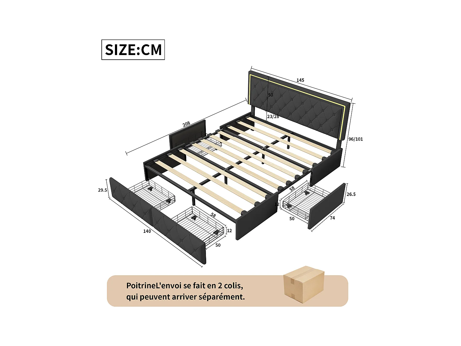 Tweepersoonsbed 140x200cm met LED en 4 lades - kunstlederen stof - met lattenbodem - Grijs