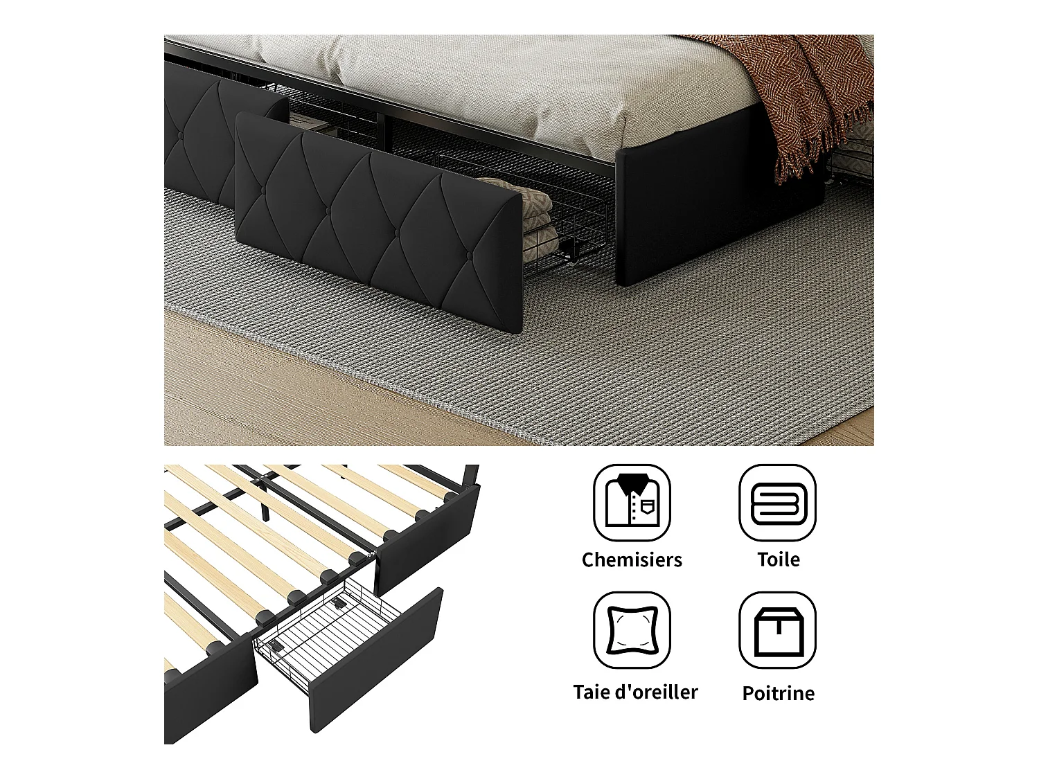 Tweepersoonsbed 140x200cm met LED en 4 lades - kunstlederen stof - met lattenbodem - Grijs