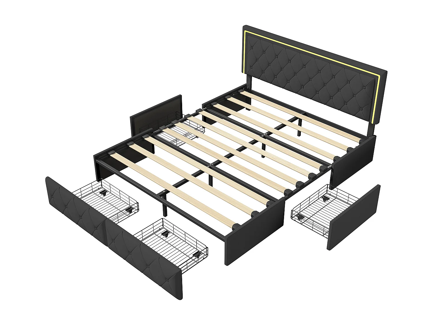 Lit double 140x200cm avec LED et 4 tiroirs - tissu en similicuir - avec sommier à lattes - Gris