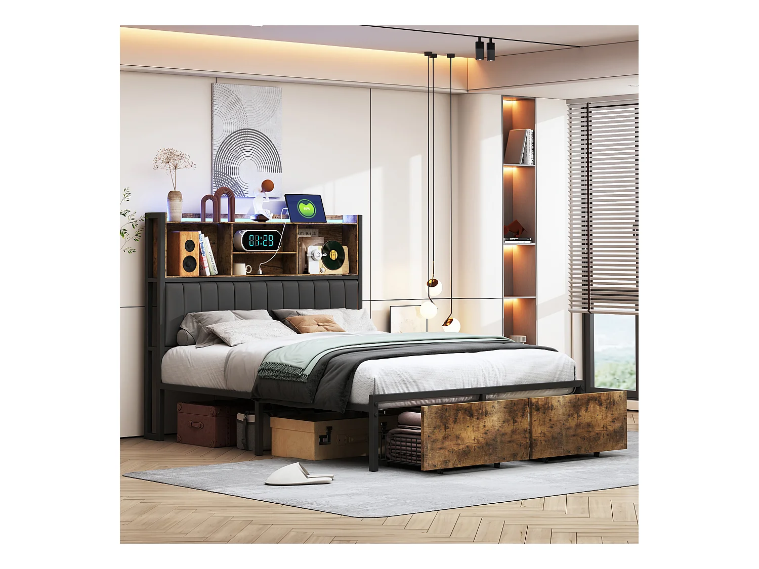 Lit double 160x200 cm en métal et bois avec tête de lit rembourrée PU, éclairage LED RGB, station de charge USB/Type-C et 2 tiroirs de rangement