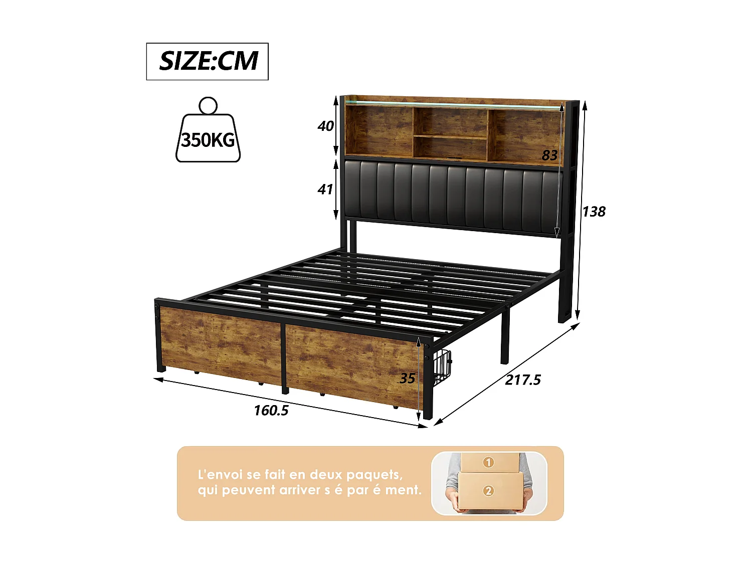Lit double 160x200 cm en métal et bois avec tête de lit rembourrée PU, éclairage LED RGB, station de charge USB/Type-C et 2 tiroirs de rangement