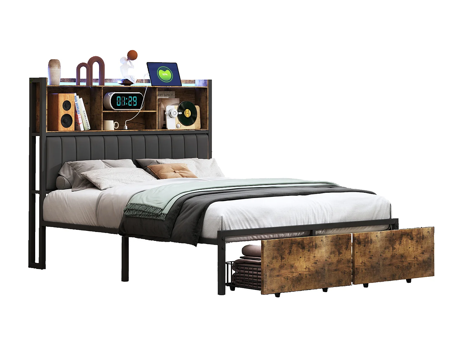 Lit double 160x200 cm en métal et bois avec tête de lit rembourrée PU, éclairage LED RGB, station de charge USB/Type-C et 2 tiroirs de rangement