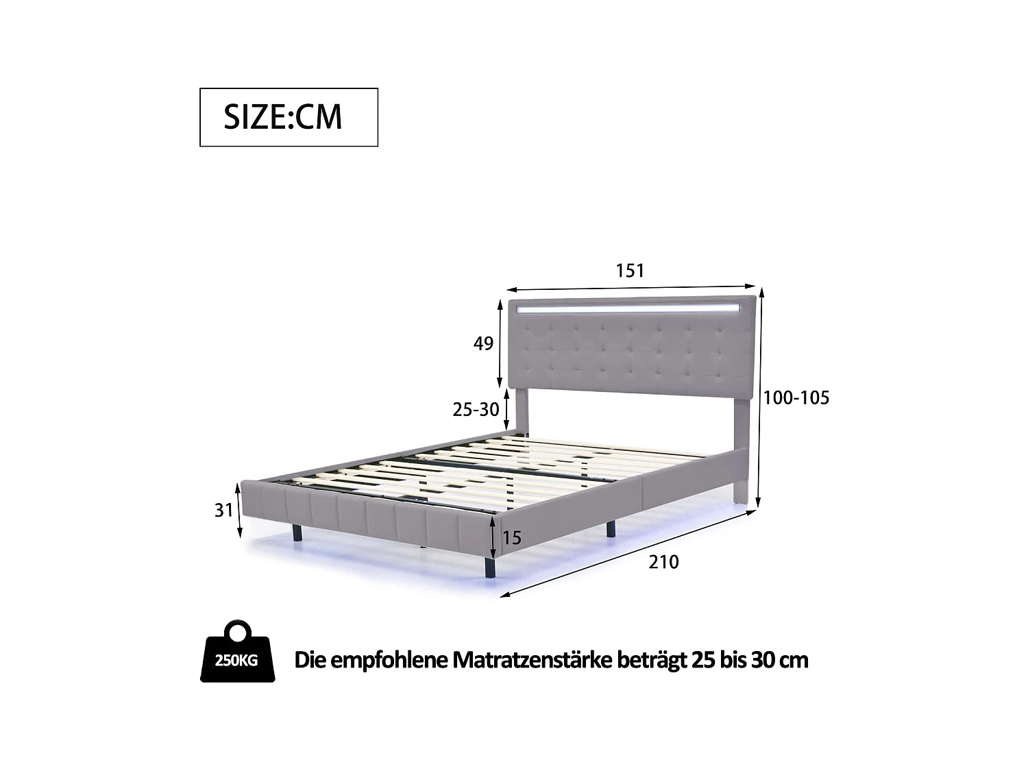 Lit capitonné avec lampes LED pour adulte - cadre de lit flottant avec sommier à lattes et tête de lit avec 2 porte USB - gris 140x200cm