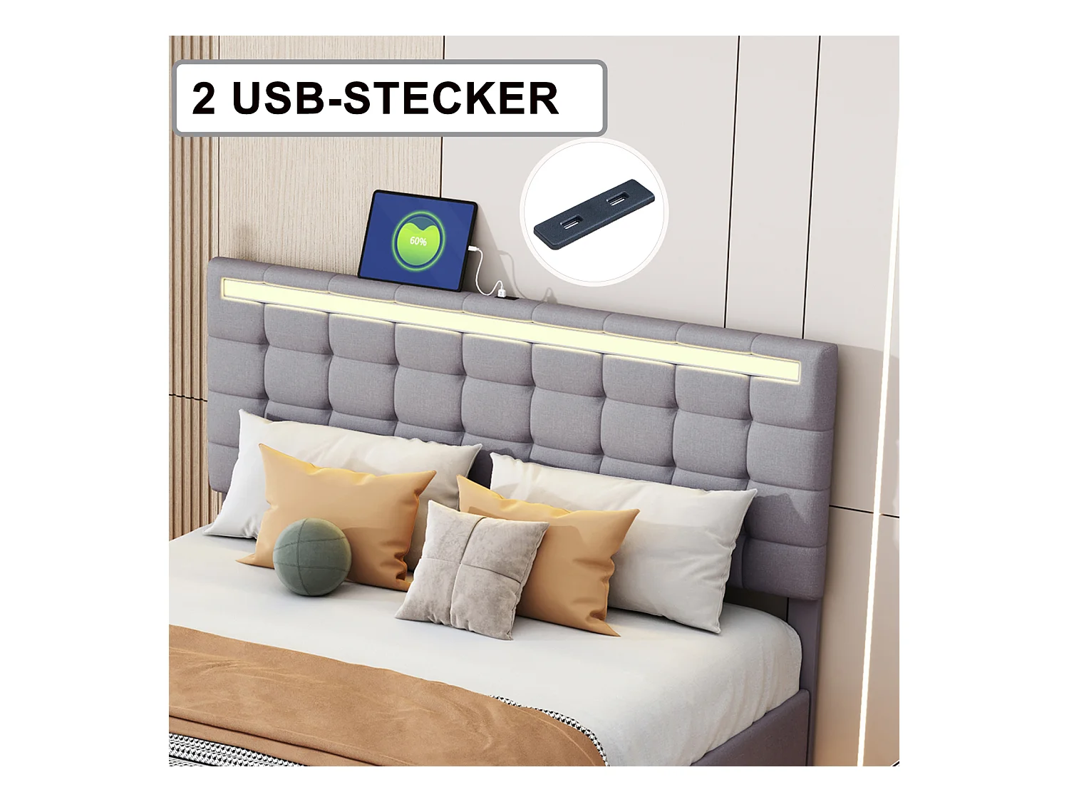 Lit capitonné avec lampes LED pour adulte - cadre de lit flottant avec sommier à lattes et tête de lit avec 2 porte USB - gris 140x200cm