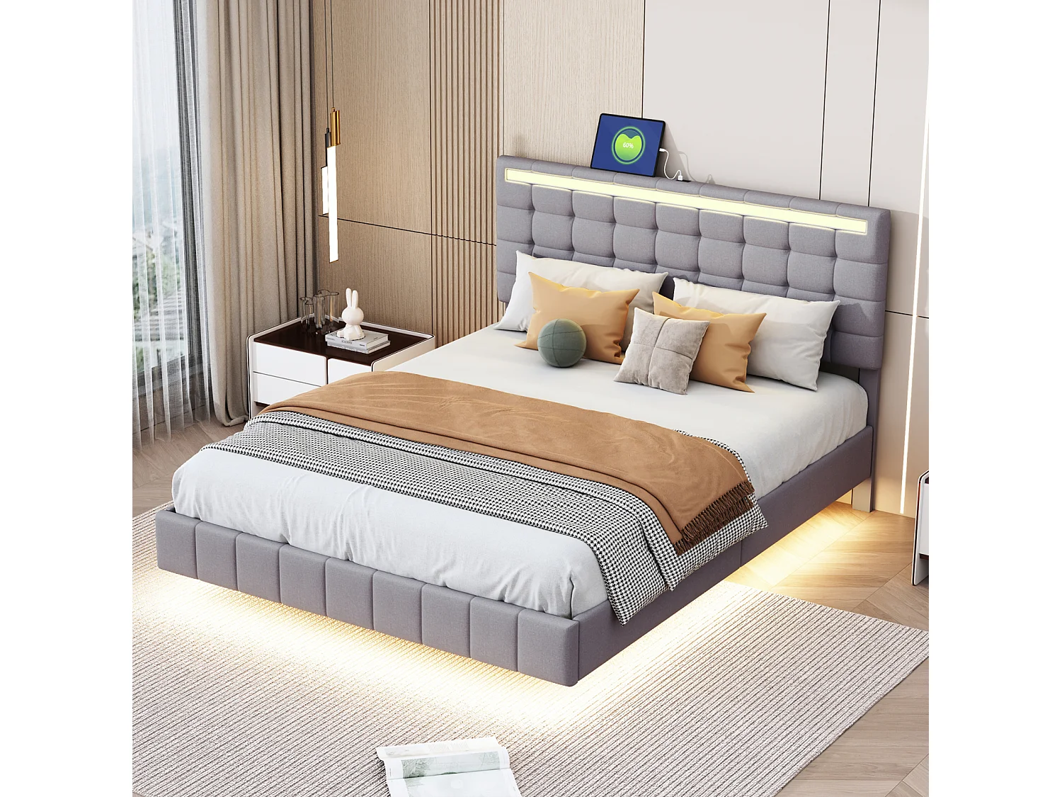 Cama estofada com lâmpadas LED para adulto - estrutura de cama flutuante com estrado de ripas e cabeceira com 2 portas USB - cinza 140x200cm