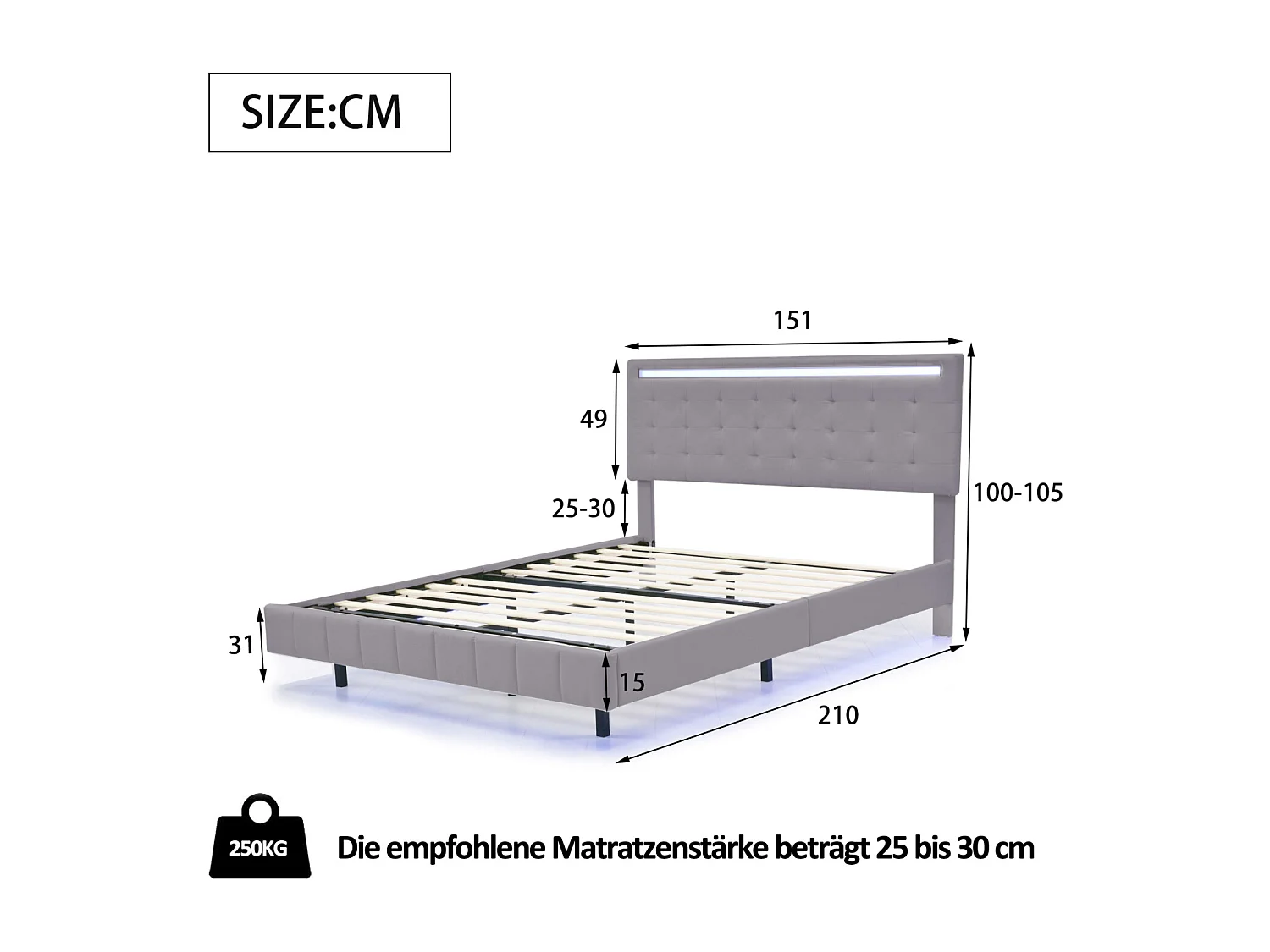 Cama estofada com lâmpadas LED para adulto - estrutura de cama flutuante com estrado de ripas e cabeceira com 2 portas USB - cinza 140x200cm