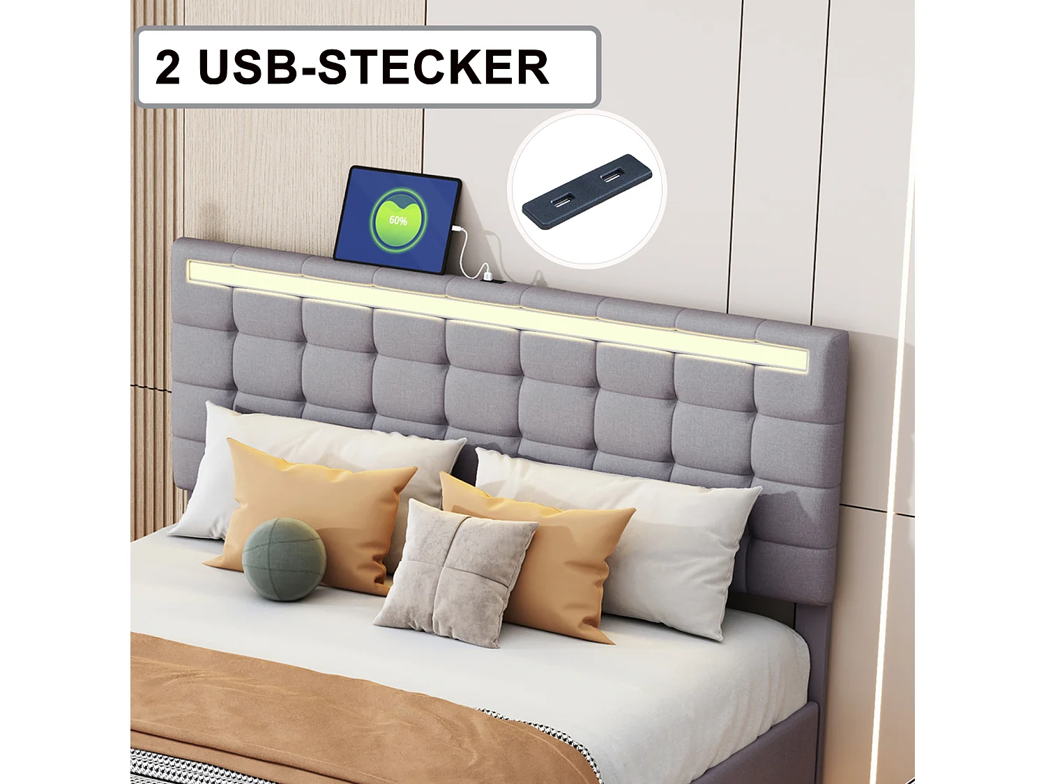 Cama estofada com lâmpadas LED para adulto - estrutura de cama flutuante com estrado de ripas e cabeceira com 2 portas USB - cinza 140x200cm