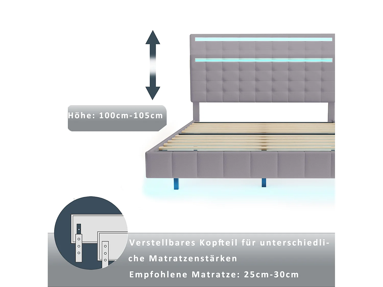 Cama estofada com lâmpadas LED para adulto - estrutura de cama flutuante com estrado de ripas e cabeceira com 2 portas USB - cinza 140x200cm