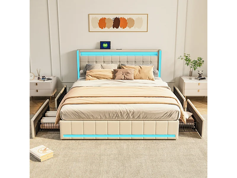 Polsterbett Doppelbett 160x200cm Beige mit 4 Schubladen mit LED und USB