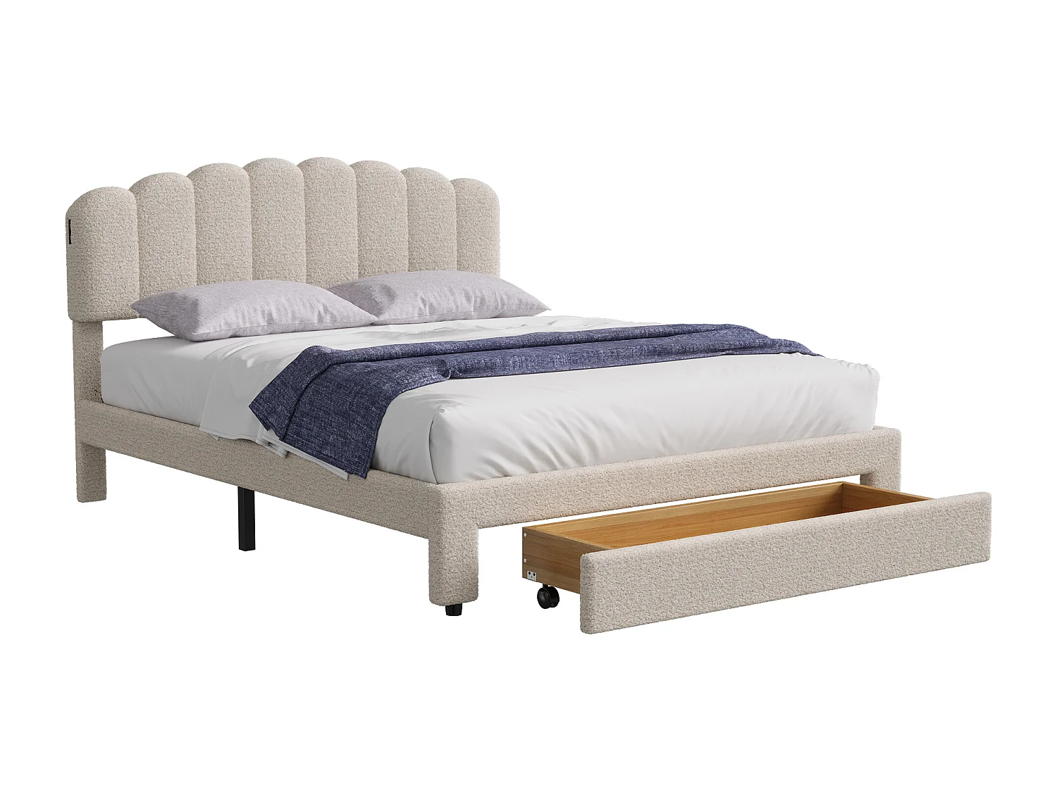 Polstret dobbeltseng 140x200cm med USB og store skuffer - sherpastof - med lamelbund - Beige