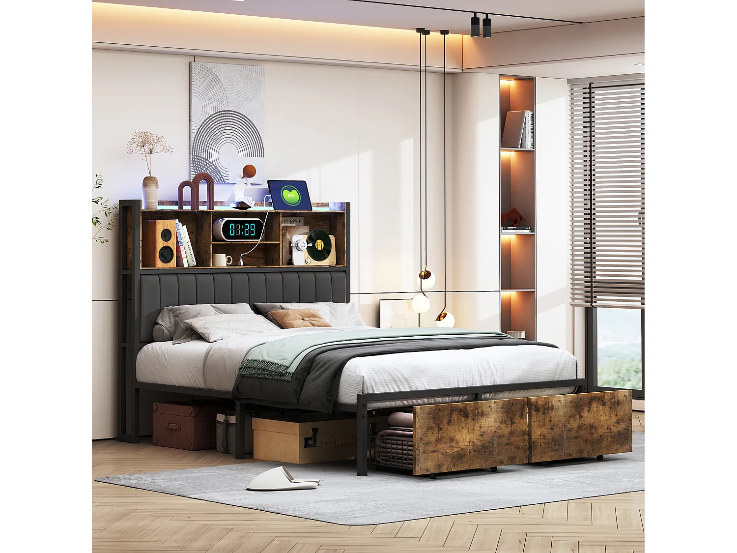 Lit double 140x200 cm en métal et bois avec tête de lit rembourrée PU, éclairage LED RGB, station de charge USB/Type-C et 2 tiroirs de rangement