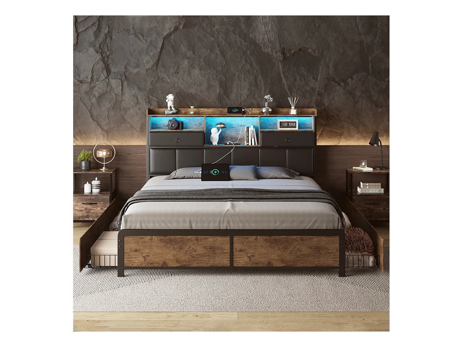 Letto per adulti 140x200cm, letto matrimoniale con LED e cassetti, letto in ferro con testiera e rete a doghe, nero