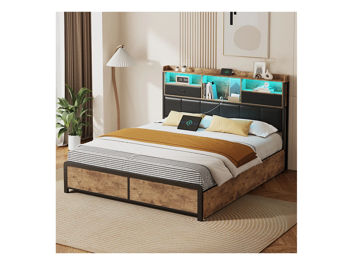 Letto per adulti 140x200cm, letto matrimoniale con LED e cassetti, letto in ferro con testiera e rete a doghe, nero