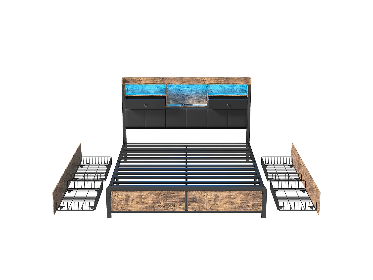 Volwassen bed 140x200cm, tweepersoonsbed met LED en lades, ijzeren bed met hoofdbord en lattenbodem, zwart