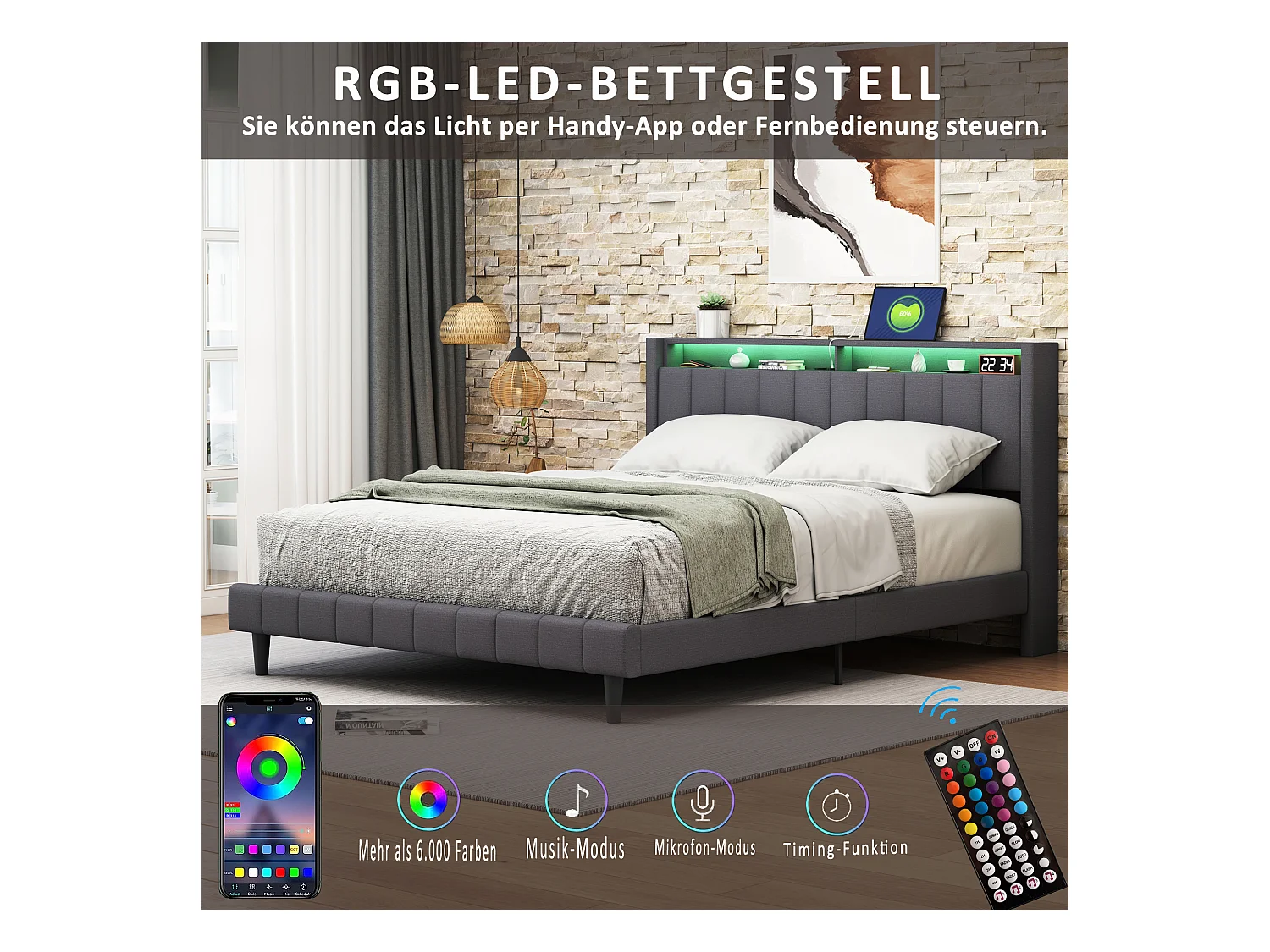 Letto matrimoniale per adulti 140 x 200 cm con ricarica USB e illuminazione a LED. Grigio