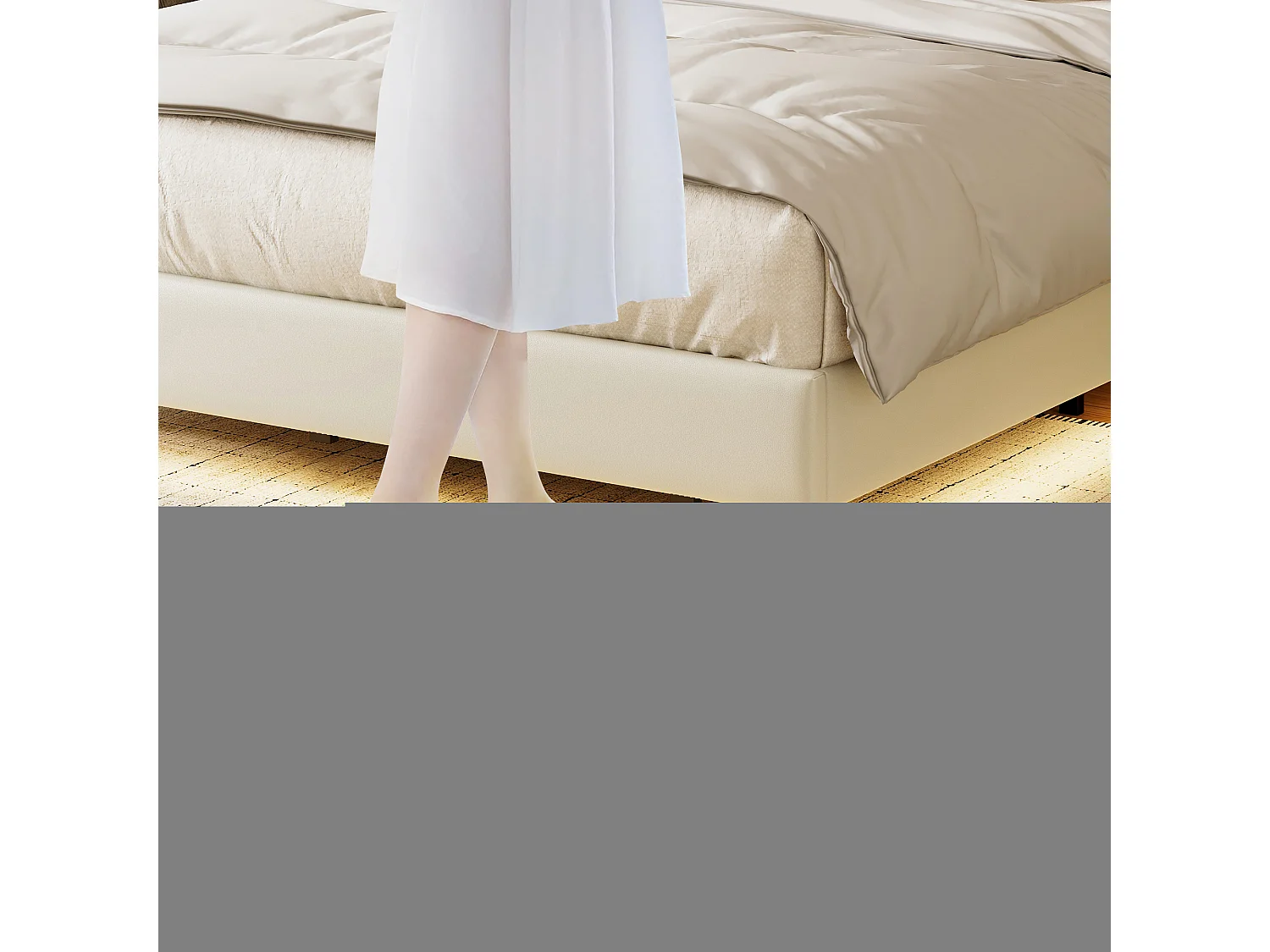 Designer-Hängebett für Doppelbett mit Stauraum, mehrfarbigen LEDs und USB-Anschlüssen – 140 x 190 cm – Weißes Kunstleder & helle Eiche