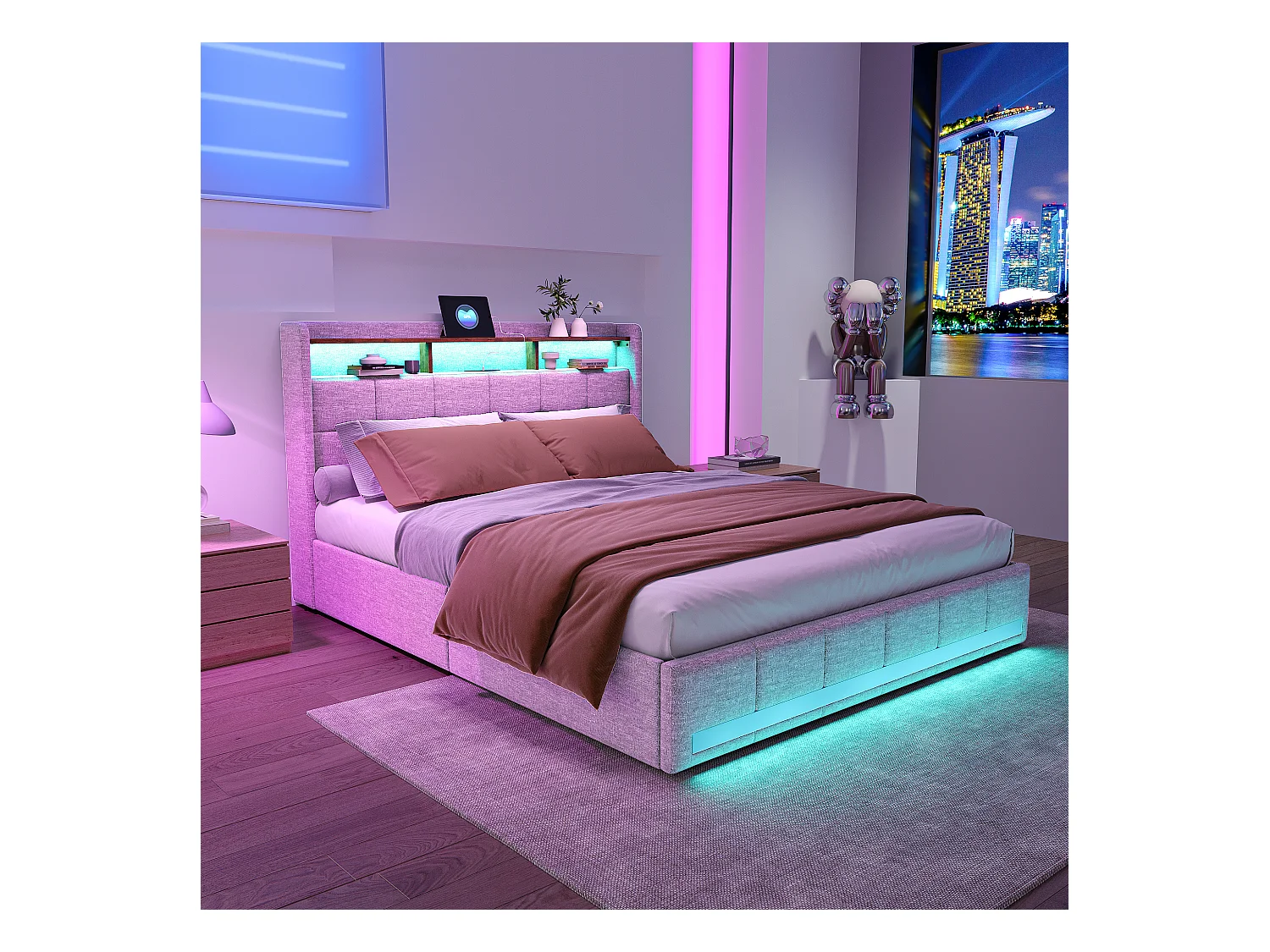 Lit double avec LED RGB, tête de lit avec rangements et ports USB/Type-C, 4 tiroirs de rangement, tissu en lin beige – 140x200 cm