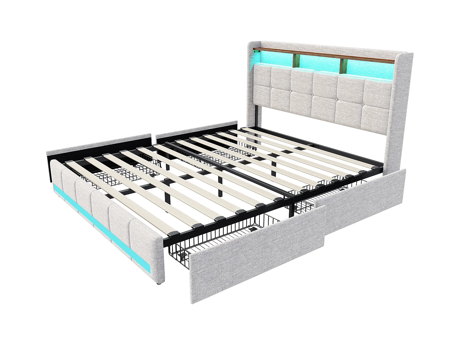 Lit double avec LED RGB, tête de lit avec rangements et ports USB/Type-C, 4 tiroirs de rangement, tissu en lin beige – 140x200 cm