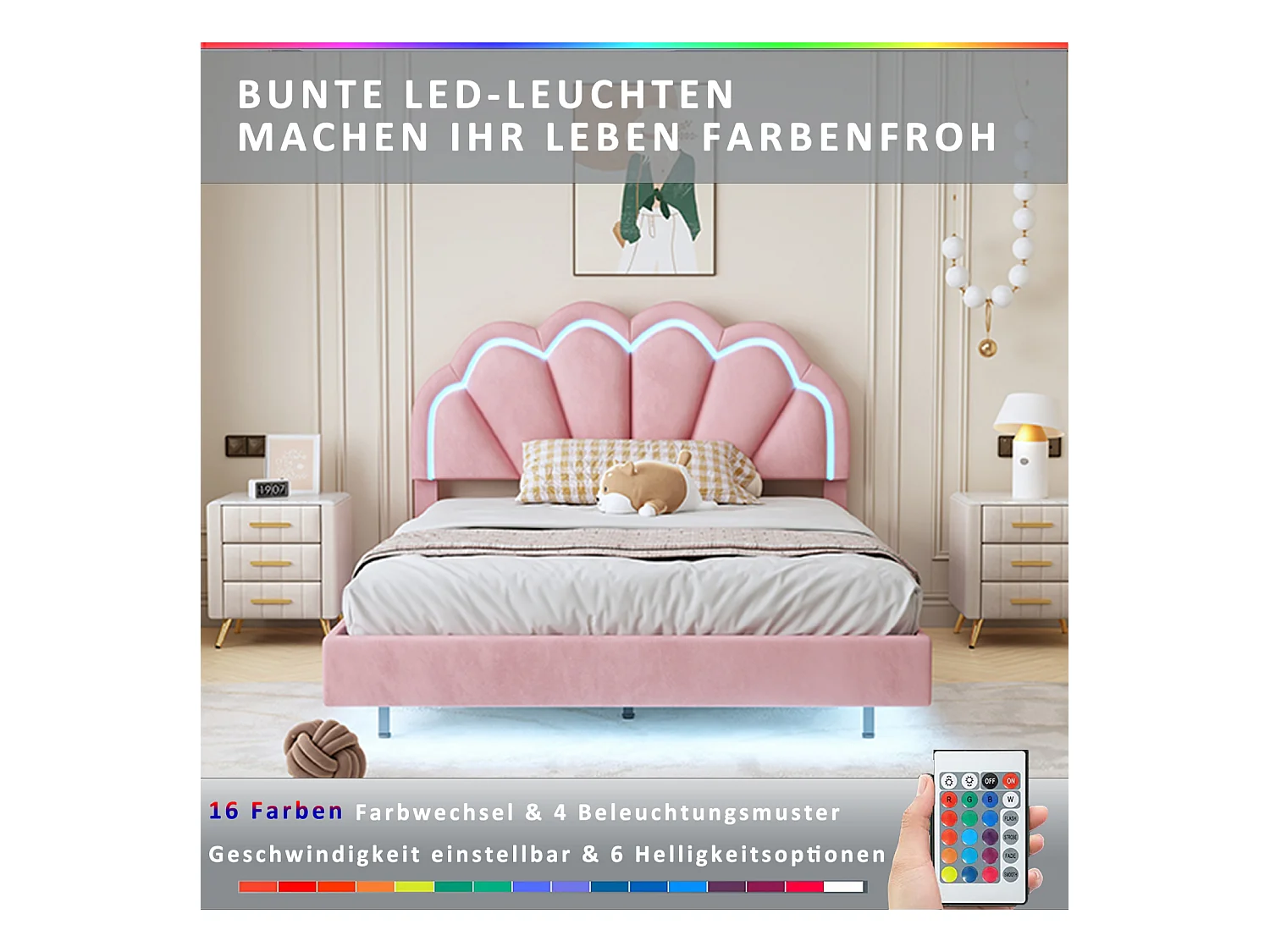 Tweepersoonsbed 140x200cm - LED fluwelen bed met lattenbodem en kroonhoofdeinde - Matras niet inbegrepen - Roze